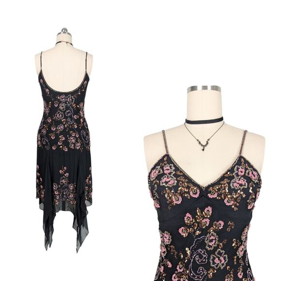 Vintage Sue Wong Prom Dress Midi Gown 10 Black Pink Silk Fairy Y2K Whimsigoth - Picture 2 of 13